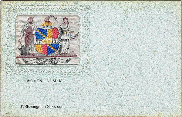 Experimental postcard with small rectangular silk of the Birmingham Coat of Arms