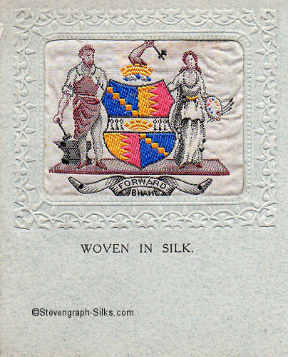 Experimental postcard with small rectangular silk of the Birmingham Coat of Arms