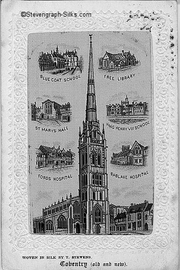 Black and white view of Coventry Cathedral, with six small views around central image