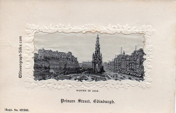 Black and white silk postcard with view of the Edinburgh's main Princes Street