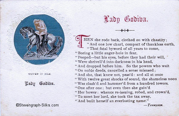 Small silk of Lady Godiva riding horseback, mounted on a postcard, with printed extract of Tennyson's poem