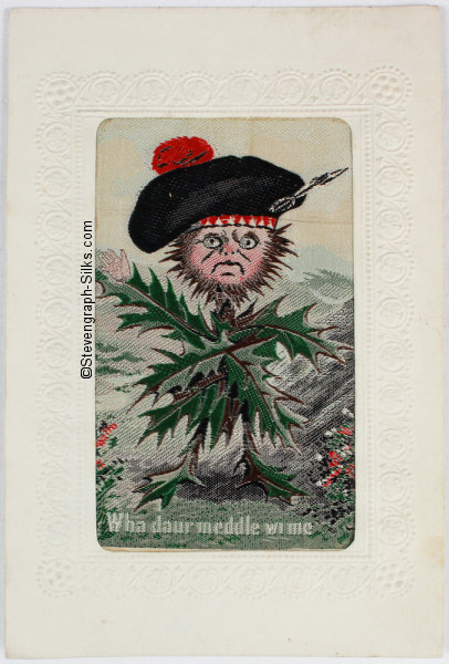 postcard with Scottish words " Wha daur meddle wi me " and cartoon thistle man