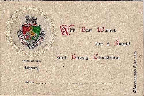 Small silk image of the Coventry coat-of-arms, with words on card