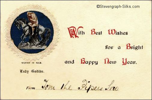 Small silk image of The Lady Godiva riding on horseback, with words on card