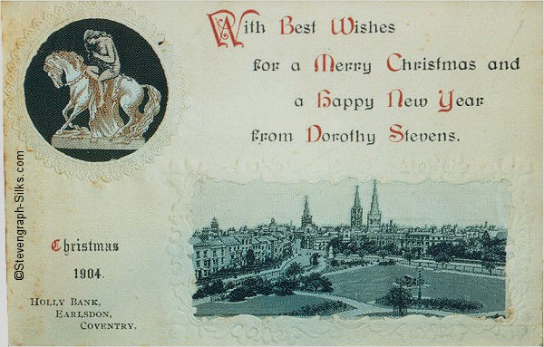 Image of the Lady Godiva statue, view of Coventry, Greyfriars Green and words