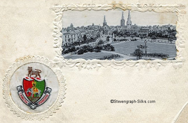 Composite postcard with two mounted silks, one of the Coventry Coat of Arms, the other a view of Coventry Greyfriars Green