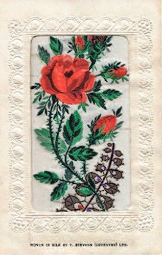 postcard with part of a Stevens woven silk bookmark, showing roses