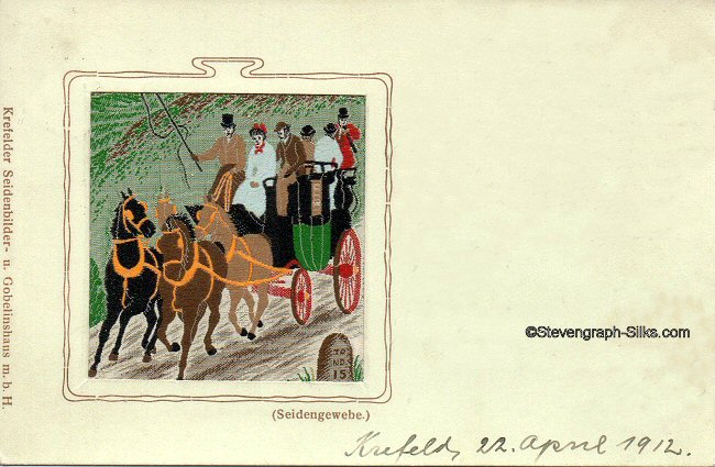 postcard with part of a Stevens woven silk bookmark, showing a coaching scene