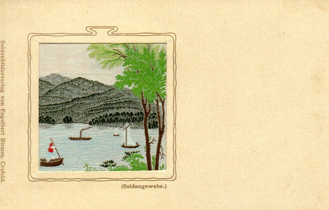 postcard with part of a Stevens woven silk bookmark, showing a lake scene
