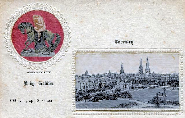 Composite postcard with two mounted silks, one of Lady Godiva statue, the other a view of Coventry Greyfriars Green