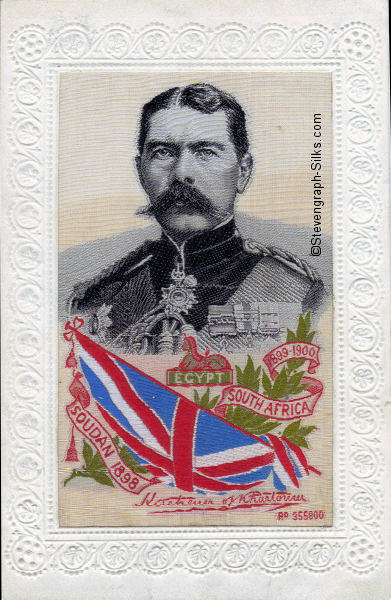 Portrait image of Kitchener, Union Jack flag and names of the places of his campaigns