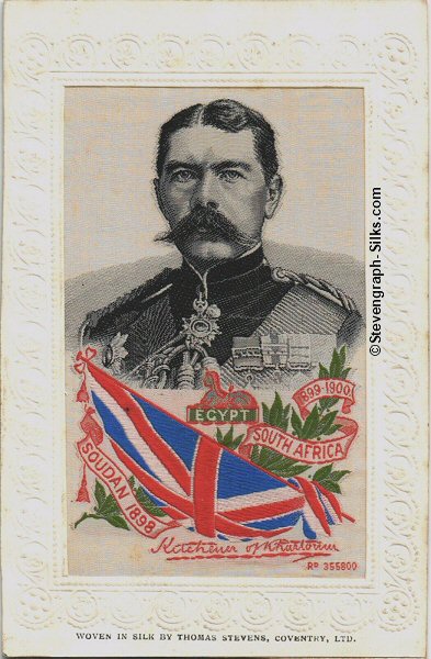 Portrait image of Kitchener, Union Jack flag and names of the places of his campaigns