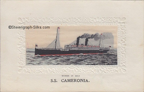 Ocean liner steaming left, with two black funnels and two masts