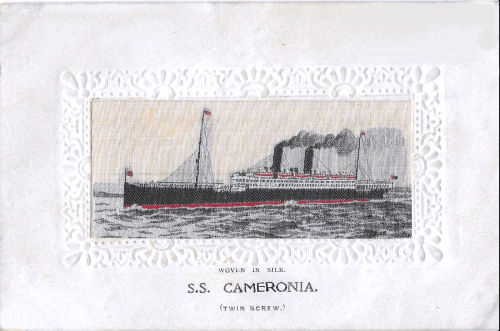 Ocean liner steaming left, with two black funnels and two masts