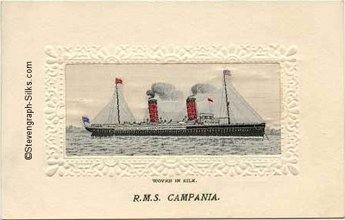 Ocean liner at anchor, with two funnels and two masts