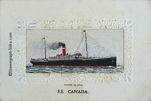 Ocean liner steaming right, with one red funnel with white band and two masts