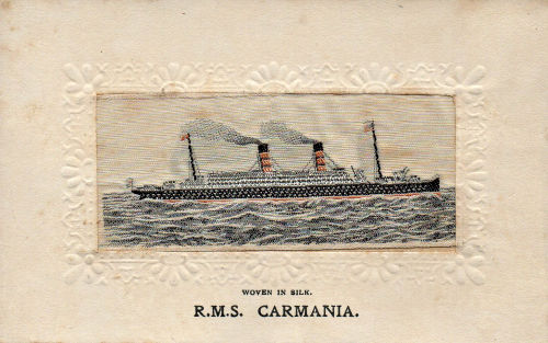 Ocean liner with two yellow funnels and two masts