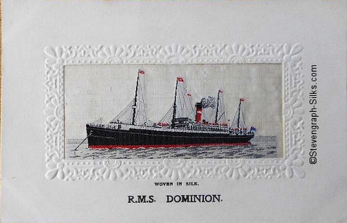 Ocean liner at anchor, with one red funnel with white stripe and four masts