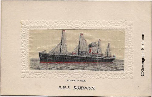 Ocean liner at anchor, with one red funnel with white stripe and four masts