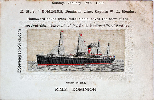 Ocean liner at anchor, with one red funnel with white stripe and four masts