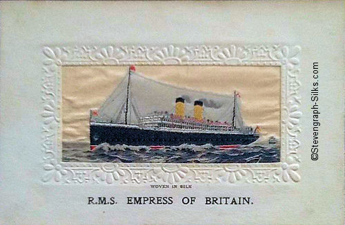 Ocean liner steaming left with two masts and two funnels