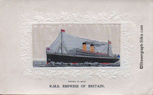 Ocean liner steaming left with two masts and two funnels