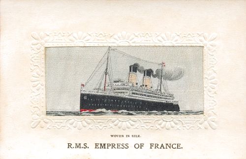 Ocean liner cruising to the left, with two funnels and two masts