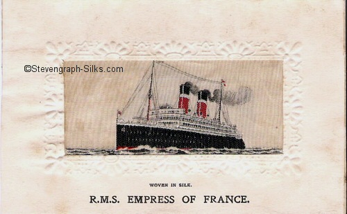 Ocean liner cruising to the left, with two funnels and two masts