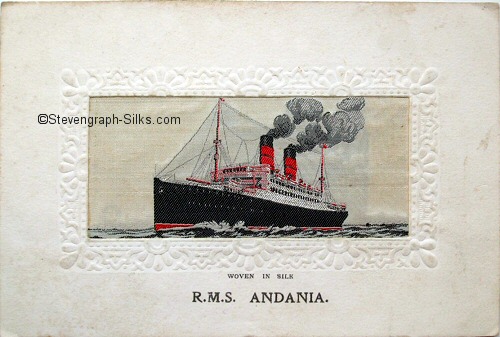 Ocean liner at full speed, with two funnels and two masts