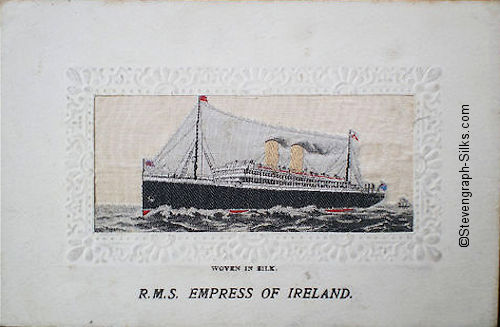 Ocean liner steaming left with two funnels and two masts