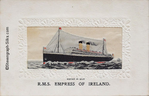 Ocean liner steaming left with two funnels and two masts