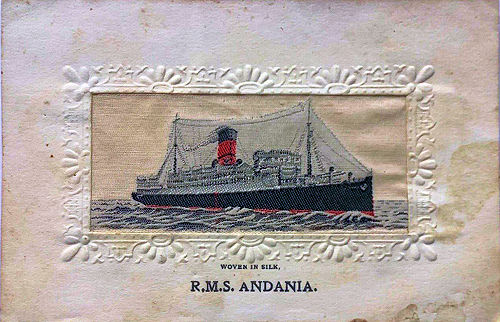 Ocean liner at full speed, with one funnel and two masts
