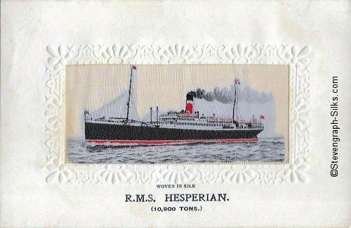 Ocean liner steaming left, with one funnel and two masts