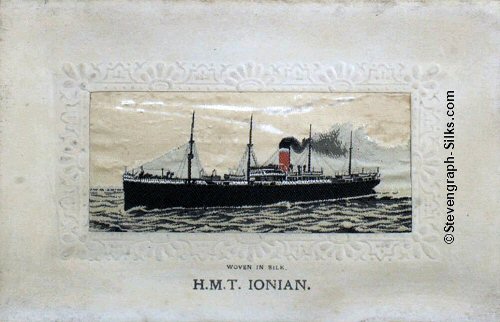 Ocean liner sailing left, with one red, black and white funnel and two masts