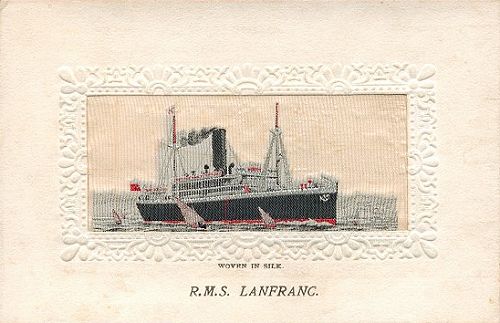 Ocean liner with one funnel and two masts being escorted from harbour by small sailing craft