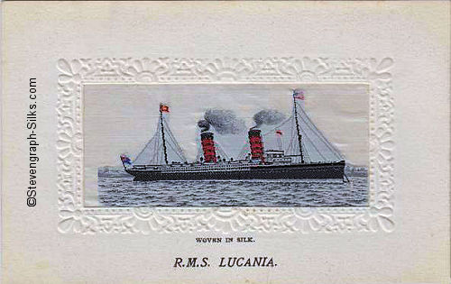Ocean liner facing right at anchor, with two funnels and two masts