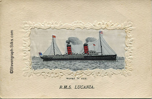 Ocean liner facing right at anchor, with two funnels and two masts