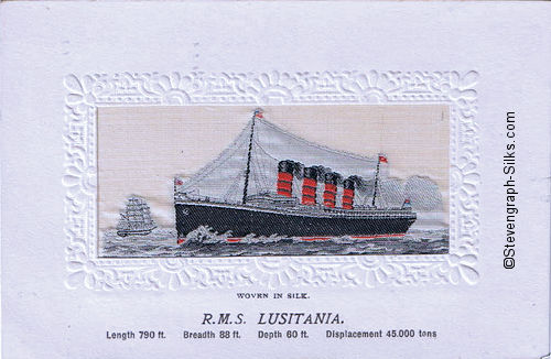 Ocean liner steaming left, with four funnels and two masts, and sailing ship in background