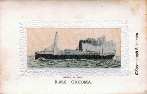 Ocean going ship, with single funnel and two masts, and large bow wave