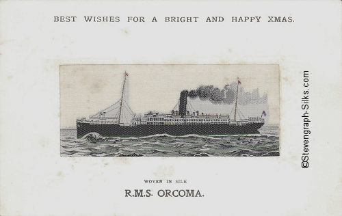 Ocean going ship, with single funnel and two masts, and large bow wave