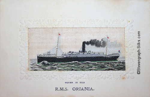 Ocean going ship, with single funnel and two masts, and large bow wave