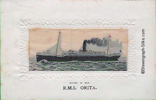 Ocean going ship, with single funnel and two masts, and large bow wave