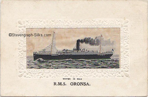 Ocean going ship, with single funnel and two masts, and large bow wave