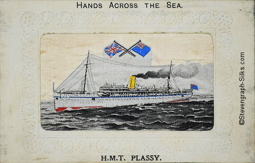 Ocean liner with single yellow funnel, and two flags above ship