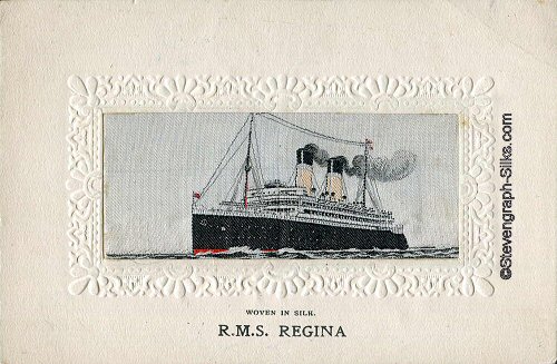 Ocean liner steaming half left with two yellow funnels