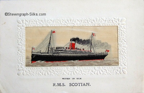 Ocean liner with red funeel with black and white bands, steaming left