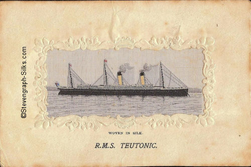 Passenger ship at anchor, with two yellow funnels and three masts