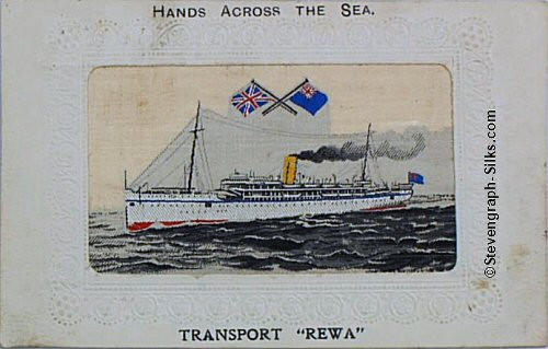 Ocean liner with single yellow funnel, and two flags above ship