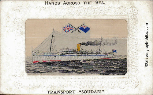 Ocean liner with single yellow funnel, and two flags above ship