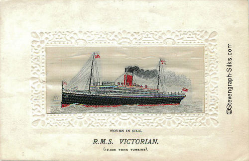 Ocean liner with one red funnel with white band and black top and two masts